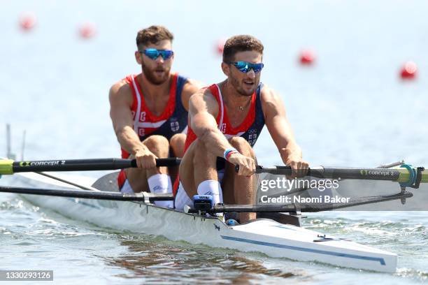 Martin Mackovic and Milos Vasic of Team Serbia compete during the Men's Pair Heat 1 on day one of the Tokyo 2020 Olympic Games at Sea Forest Waterway...