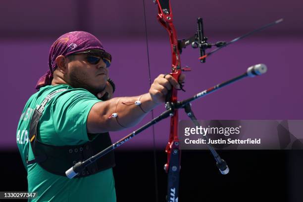 Luis Alvarez of Team Mexico competes in the Mixed Team 1/8 Eliminations on day one of the Tokyo 2020 Olympic Games at Yumenoshima Park Archery Field...