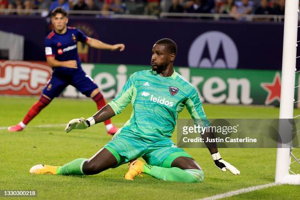 Bill Hamid of D.C. United prepares to block a shot in the game against the Chicago Fire at Soldier Field on July 21, 2021 in Chicago, Illinois.
