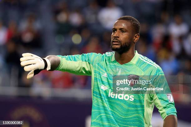 Bill Hamid of D.C. United directs his team in the game against the Chicago Fire at Soldier Field on July 21, 2021 in Chicago, Illinois.