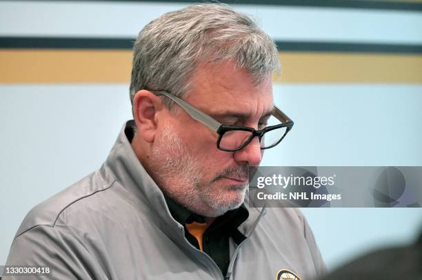 President Cam Neely of the Boston Bruins prepares for the first round of the 2021 NHL Entry Draft at Warrior Ice Arena on July 23, 2021 in Brighton,...