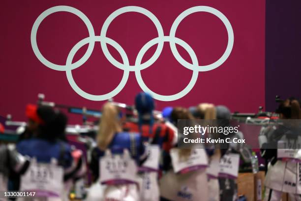 Athletes in the 10m Air Rifle Women's Event practice before the qualification round on day one of the Tokyo 2020 Olympic Games at Asaka Shooting...