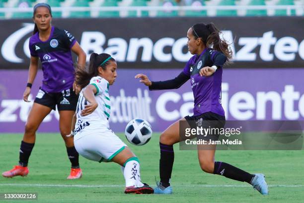 Nancy Quinones of Santos fights for the ball with Valeria Lagunes of Mazatlan during a match between America and Puebla as part of Liga MX Femenil...