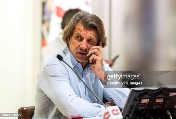 General manager Marc Bergevin of the Montreal Canadiens attends the first round of the 2021 NHL Entry Draft at Bell Center on July 23, 2021 in...