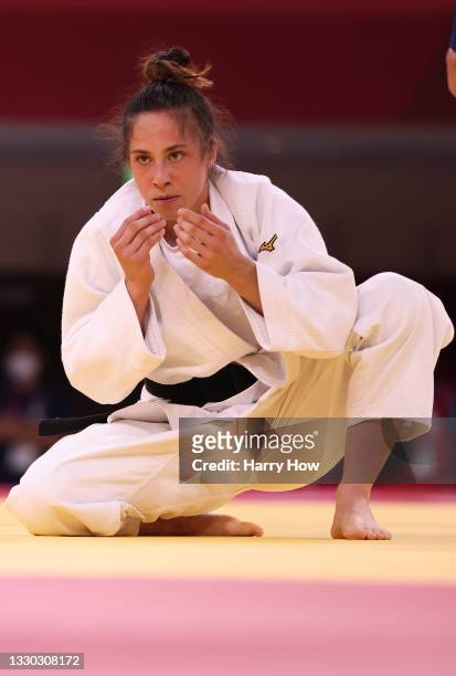 Katharina Menz of Germany looks on in her match against Mary Dee Vargas Ley of Chile during the Women’s Judo 48kg Elimination Round of 32 on day one...
