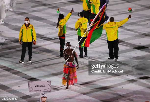 Athletes from Vanuatu march in to the stadium during the Opening Ceremony of the Tokyo 2020 Olympic Games at Olympic Stadium on July 23, 2021 in...