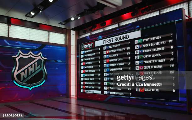 General view of the draft board from the first round of the 2021 NHL Entry Draft at the NHL Network studios on July 23, 2021 in Secaucus, New Jersey.