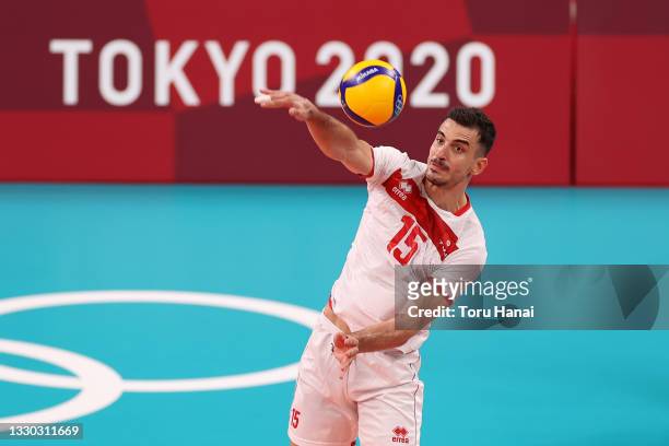 Wassim Ben Tara of Team Tunisia serves against Team Brazil during the Men's Preliminary Round - Pool B on day one of the Tokyo 2020 Olympic Games at...