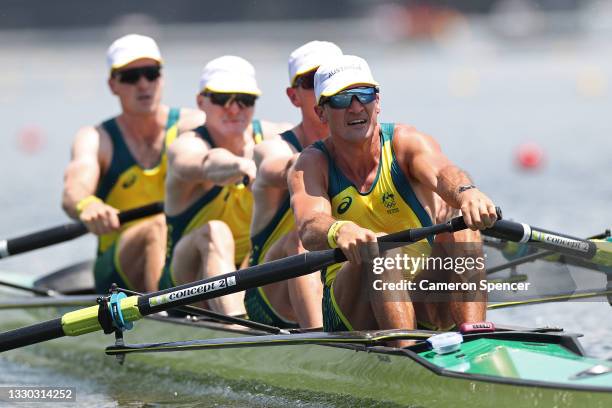 Alexander Purnell, Spencer Turrin, Jack Hargreaves and Alexander Hill of Team Australia compete during the Men's Four Heat 1 on day one of the Tokyo...