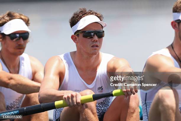 Tom Murray and Michael Brake of Team New Zealand compete during the Men's Eight Heat 2 on day one of the Tokyo 2020 Olympic Games at Sea Forest...