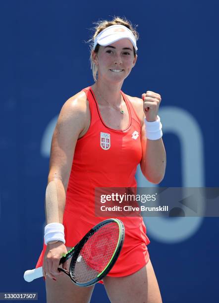 Nina Stojanovic of Team Serbia celebrates after match point during her Women's Singles First Round match against Nao Hibino of Team Japan on day one...