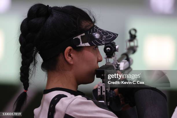 Kanykei Kubanychebekova of Team Kyrgyzstan during qualifications of the 10m Air Rifle Women's event on day one of the Tokyo 2020 Olympic Games at...
