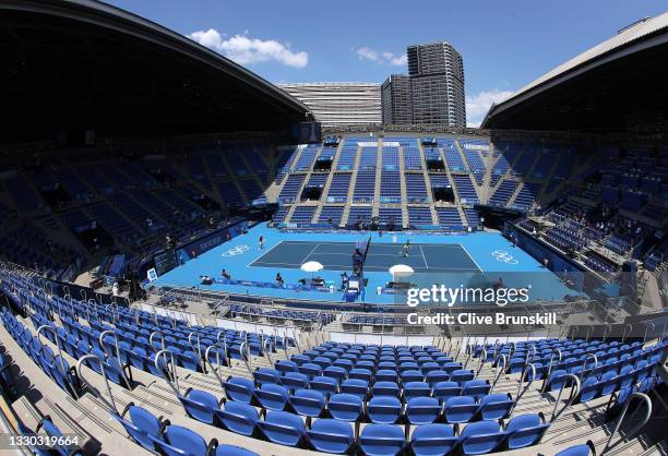 Daniil Medvedev of Team ROC plays Alexander Bublik of Team Kazakhstan in their Men's Singles First Round match in an empty Centre Court on day one of...
