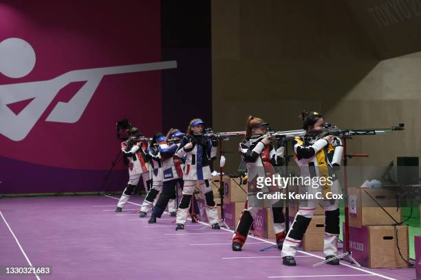 The top 8 athletes compete during the medal round of the 10m Air Rifle Women's event on day one of the Tokyo 2020 Olympic Games at Asaka Shooting...