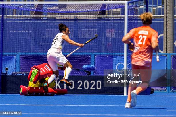 Goalkeeper Pirmin Blaak of the Netherlands and Thomas Briels of Belgium during the Tokyo 2020 Olympic Mens Hockey Tournament match between...