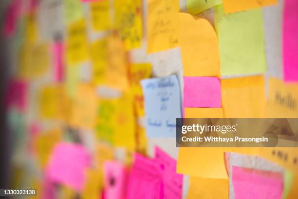 image of colorful sticky notes on cork bulletin board - bulletin board stockfoto's en -beelden