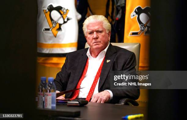 President of Hockey Operations Brian Burke of the Pittsburgh Penguins attends the first round of the 2021 NHL Entry Draft at PPG Paints Arena on July...