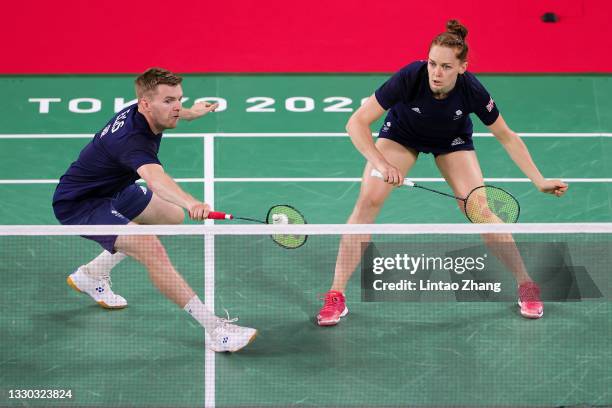 Ellis Marcus and Lauren Smith of Team Great Britain compete against Thom Gicquel and Delphine Delrue of Team France during a Mix Doubles Group B...