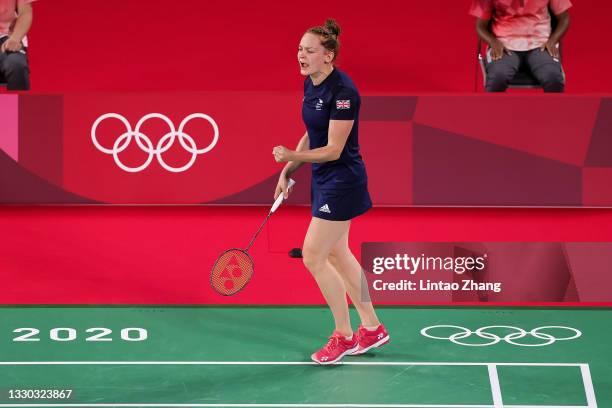 Ellis Marcus and Lauren Smith of Team Great Britain react as they compete against Thom Gicquel and Delphine Delrue of Team France during a Mix...