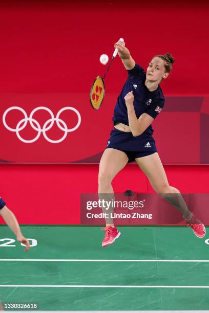 Ellis Marcus and Lauren Smith of Team Great Britain compete against Thom Gicquel and Delphine Delrue of Team France during a Mix Doubles Group B...