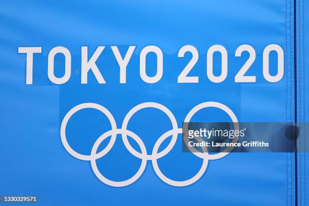 The Tokyo 2020 logo is seen during Men's Qualification on day one of the Tokyo 2020 Olympic Games at Ariake Gymnastics Centre on July 24, 2021 in...