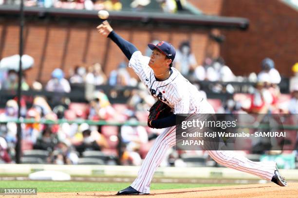 Yoshinobu Yamamoto of Samurai Japan pitches during in the top half of the first inning the practice game between Samurai Japan and Tohoku Rakuten...