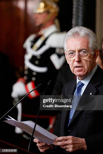 Mario Monti, Italy's prime minister designate, speaks during a news conference to announce the names of the cabinet ministers that will form Italy's...