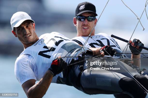 Peter Burling and Blair Tuke of Team New Zealand practice in the Men's Skiff - 49er class during sailing previews on day one of the Tokyo 2020...