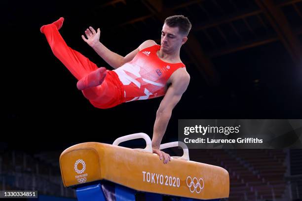 Max Whitlock of Team Great Britain competes on pommel horse during Men's Qualification on day one of the Tokyo 2020 Olympic Games at Ariake...