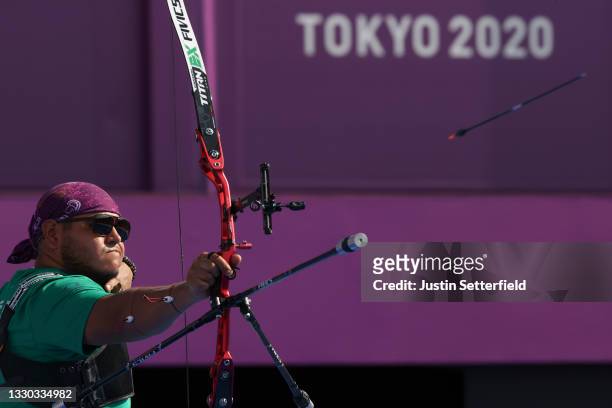 Luis Alvarez of Team Mexico competes in the semi-finals of the Mixed Team competition on day one of the Tokyo 2020 Olympic Games at Yumenoshima Park...