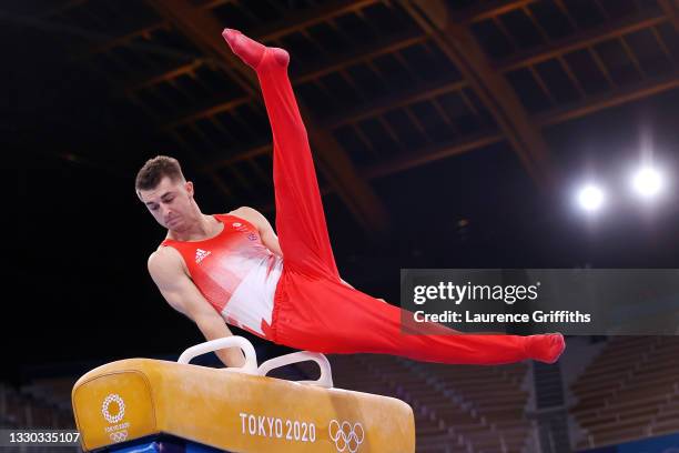 Max Whitlock of Team Great Britain competes on pommel horse during Men's Qualification on day one of the Tokyo 2020 Olympic Games at Ariake...