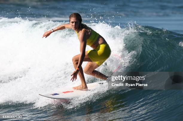 Stephanie Gilmore of Team Australia surfs during a practice session during day one of the Tokyo Olympic Games at Tsurigasaki Surfing Beach on July...