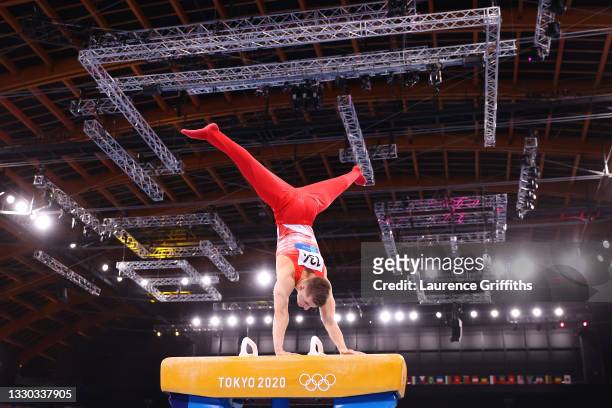 Max Whitlock of Team Great Britain competes on pommel horse during Men's Qualification on day one of the Tokyo 2020 Olympic Games at Ariake...