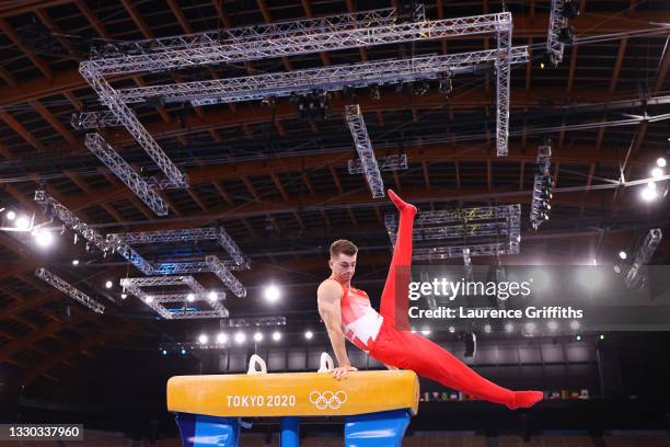 Max Whitlock of Team Great Britain competes on pommel horse during Men's Qualification on day one of the Tokyo 2020 Olympic Games at Ariake...