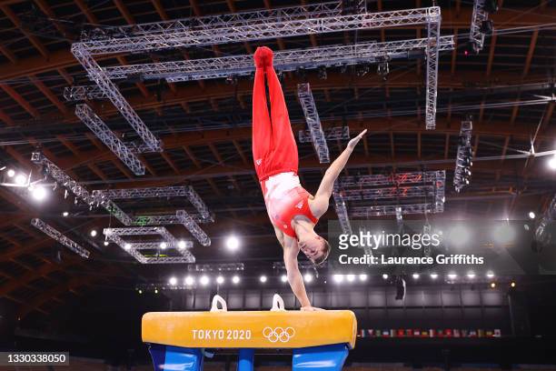 Max Whitlock of Team Great Britain competes on pommel horse during Men's Qualification on day one of the Tokyo 2020 Olympic Games at Ariake...