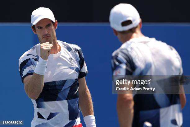 Andy Murray of Team Great Britain celebrates after a point during his Men's Doubles First Round match with Joe Salisbury of Team Great Britain...