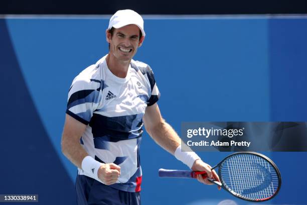 Andy Murray of Team Great Britain celebrates after a point during his Men's Doubles First Round match with Joe Salisbury of Team Great Britain...