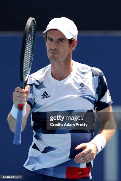 Andy Murray of Team Great Britain celebrates after a point during his Men's Doubles First Round match with Joe Salisbury of Team Great Britain...