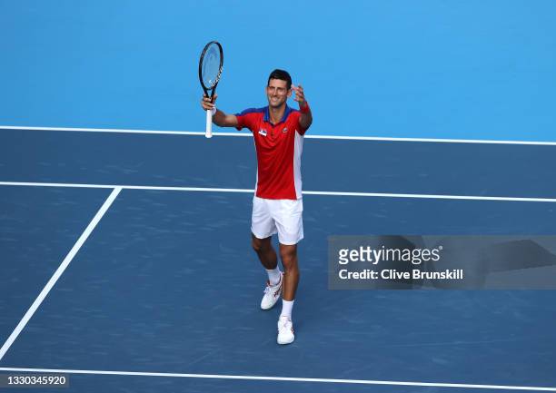 Novak Djokovic of Team Serbia celebrates victory after his Men's Singles First Round match against Hugo Dellien of Team Bolivia on day one of the...