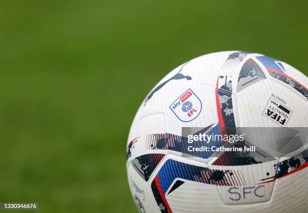 View of the EFL Puma match ball during the Pre-Season Friendly between Stevenage and Crystal Palace at The Lamex Stadium on July 23, 2021 in...