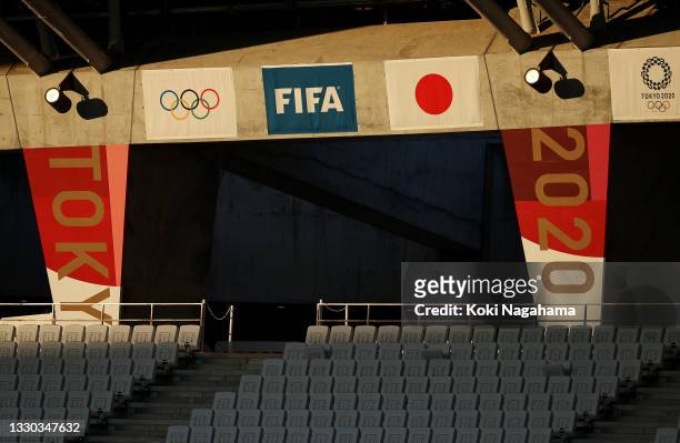 General view inside the stadium as the flags of the Olympic Rings, FIFA and Japan are seen inside the stadium prior to the Women's First Round Group...