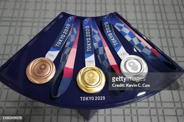 The Bronze, Gold, and Silver Medals for the 10m Air Pistol Men's event on day one of the Tokyo 2020 Olympic Games at Asaka Shooting Range on July 24,...
