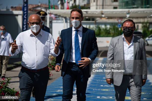 Claudio Gubitosi, Piero De Luca and Piero Rinaldi during the Giffoni Film Festival on July 24, 2021 in Giffoni Valle Piana, Italy. Piero De Luca...