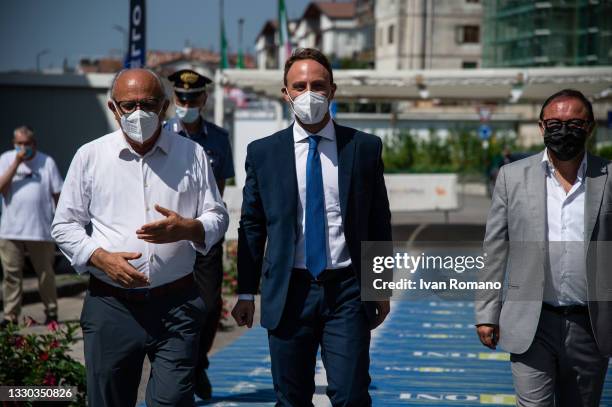 Claudio Gubitosi, Piero De Luca and Piero Rinaldi during the Giffoni Film Festival on July 24, 2021 in Giffoni Valle Piana, Italy. Piero De Luca...