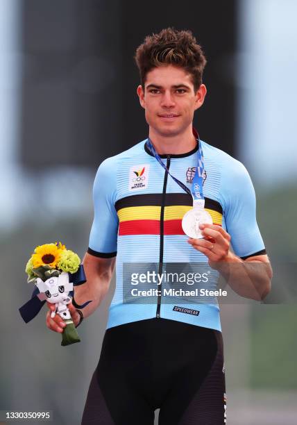Wout van Aert of Team Belgium poses with the silver medal after the Men's road race at the Fuji International Speedway on day one of the Tokyo 2020...