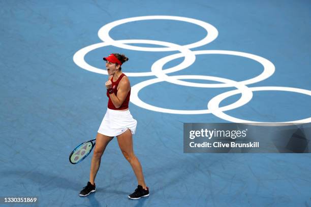 Belinda Bencic of Team Switzerland celebrates victory after her Women's Singles First Round match against Jessica Pegula of Team USA on day one of...