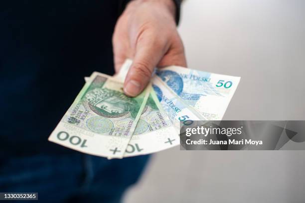 close-up of hand showing polish banknotes - zloty stock-fotos und bilder