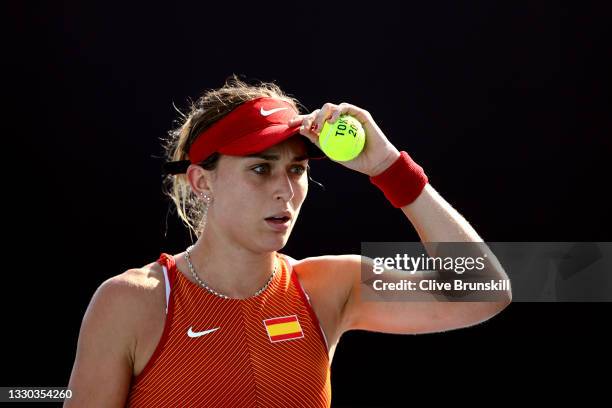Paula Badosa of Team Spain prepares to serve during her Women's Singles First Round match against Kristina Mladenovic of Team France on day one of...