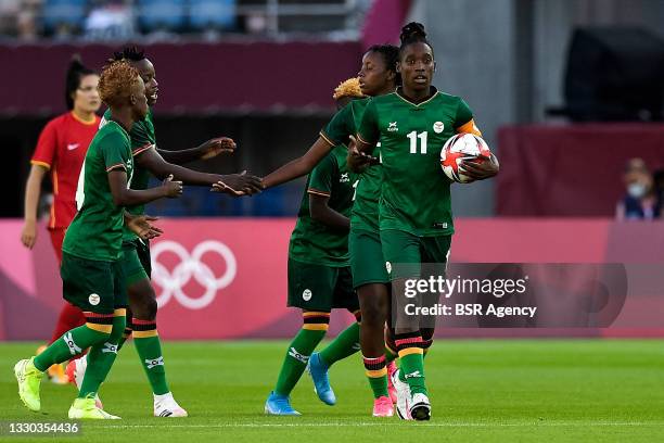 Barbra Banda of Zambia celebrates with her team mates after scoring her sides third goal during the Tokyo 2020 Olympic Womens Football Tournament...