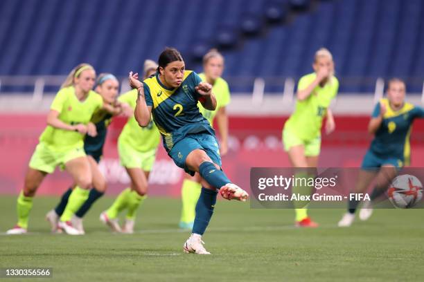 Sam Kerr of Team Australia has their penalty saved during the Women's First Round Group G match between Sweden and Australia on day one of the Tokyo...